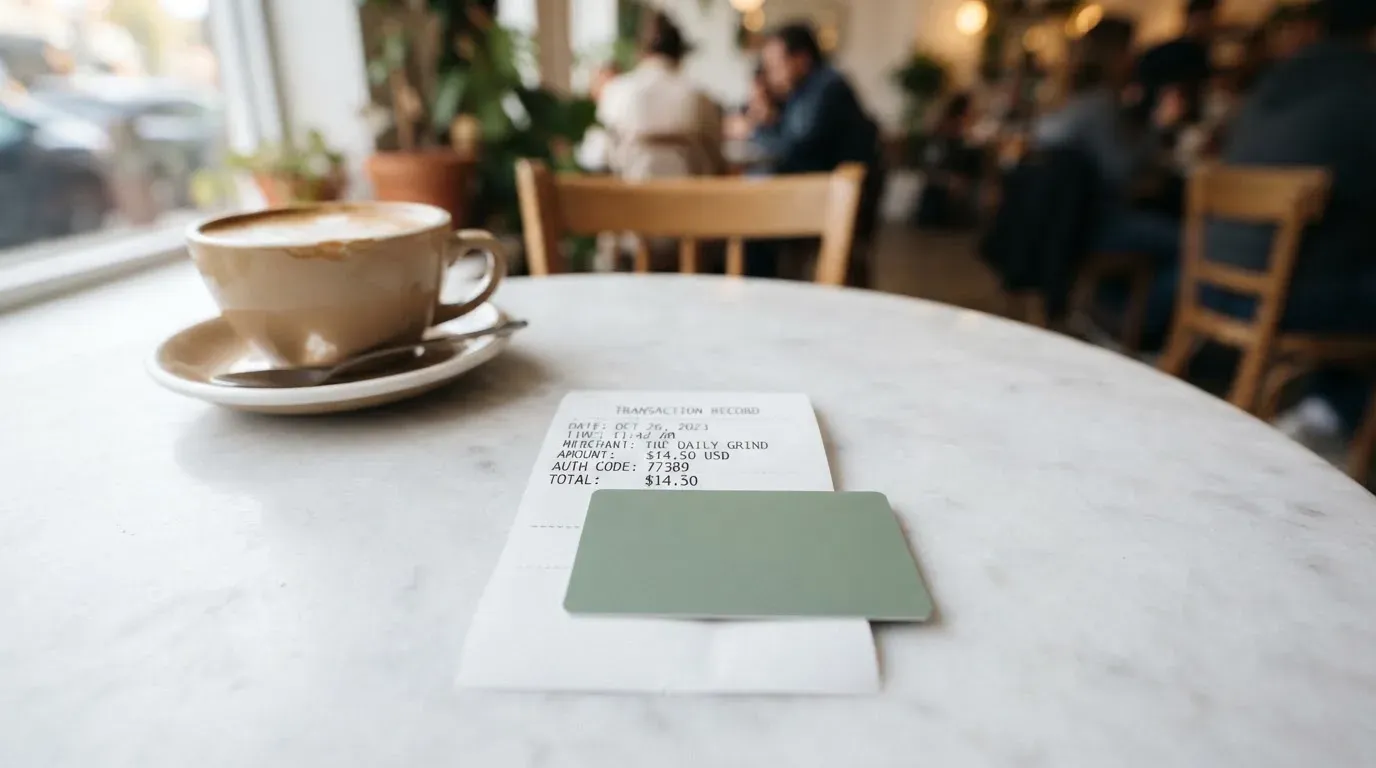 A receipt and a card on a café table