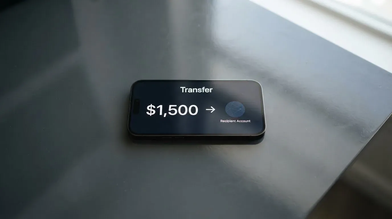 A phone showing a stablecoin transfer screen