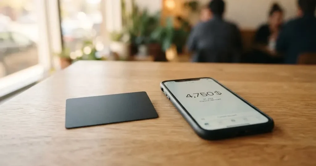 A payment card next to a phone with a crypto wallet app open