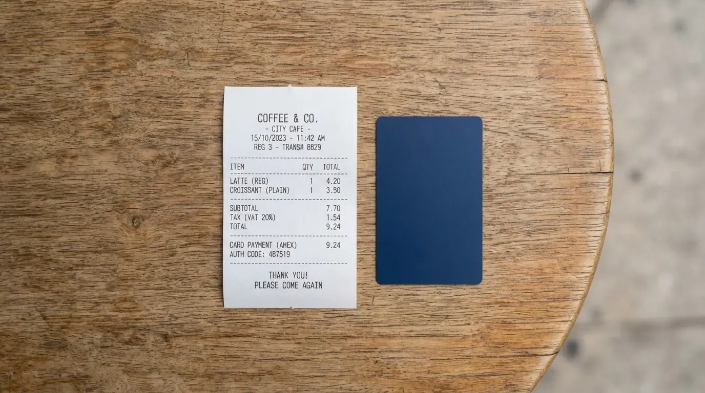 A receipt and a card on a café table