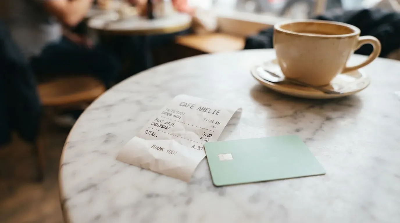 A receipt and a card on a café table
