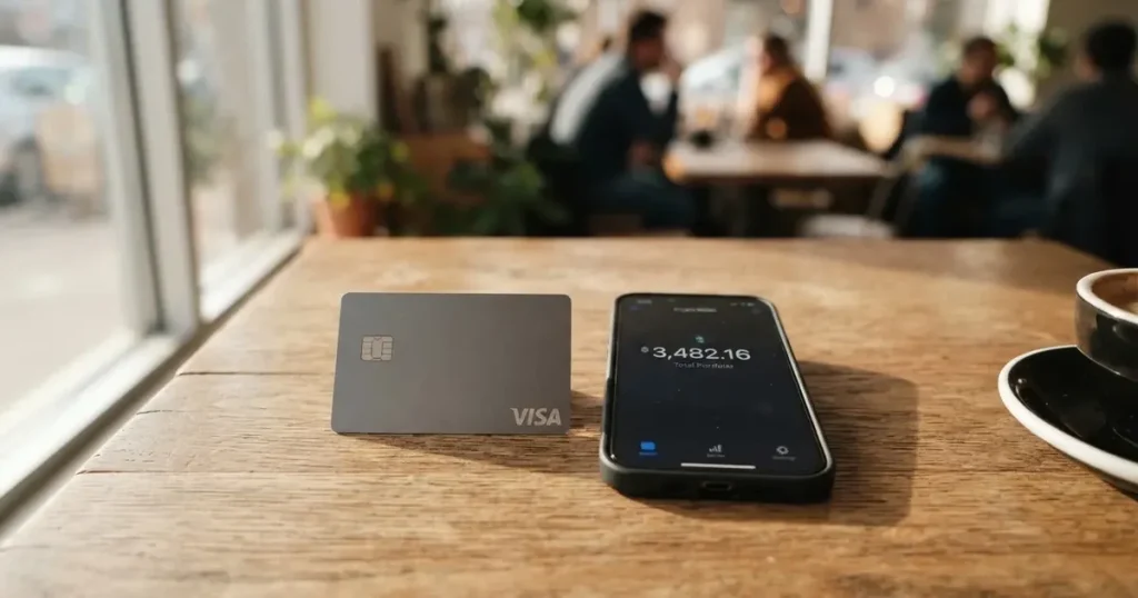 A payment card next to a phone with a crypto wallet app open