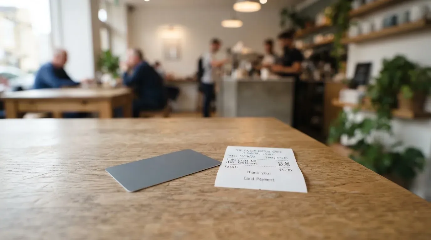 A receipt and a card on a café table
