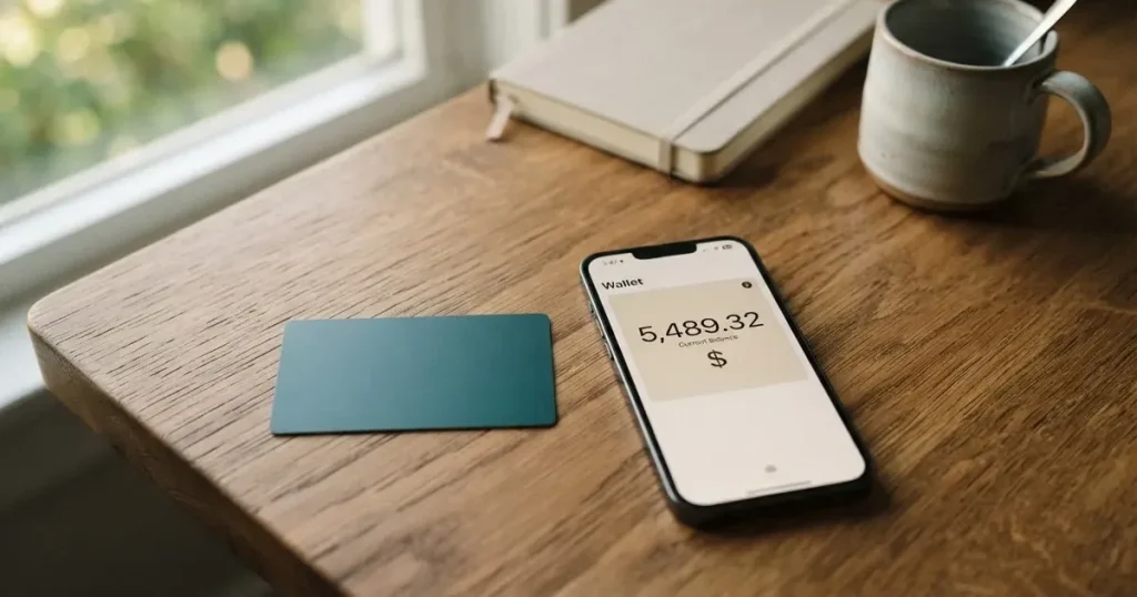 A payment card next to a phone with a crypto wallet app open