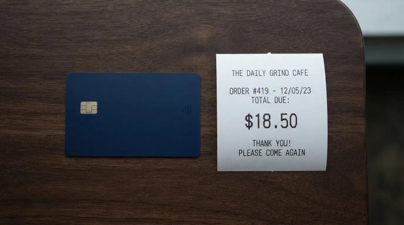 A receipt and a card on a café table