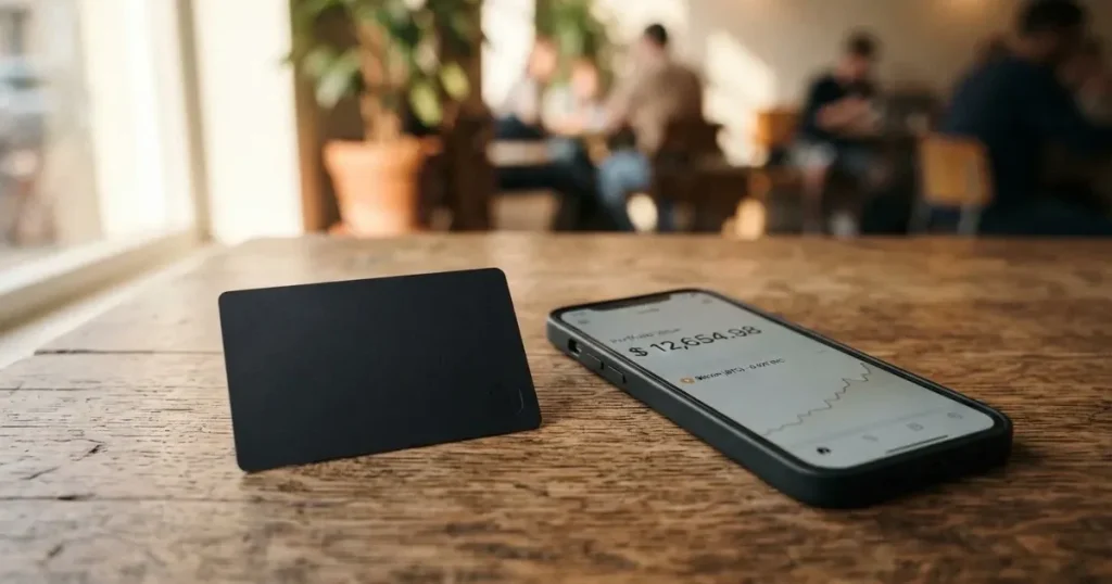 A payment card next to a phone with a crypto wallet app open