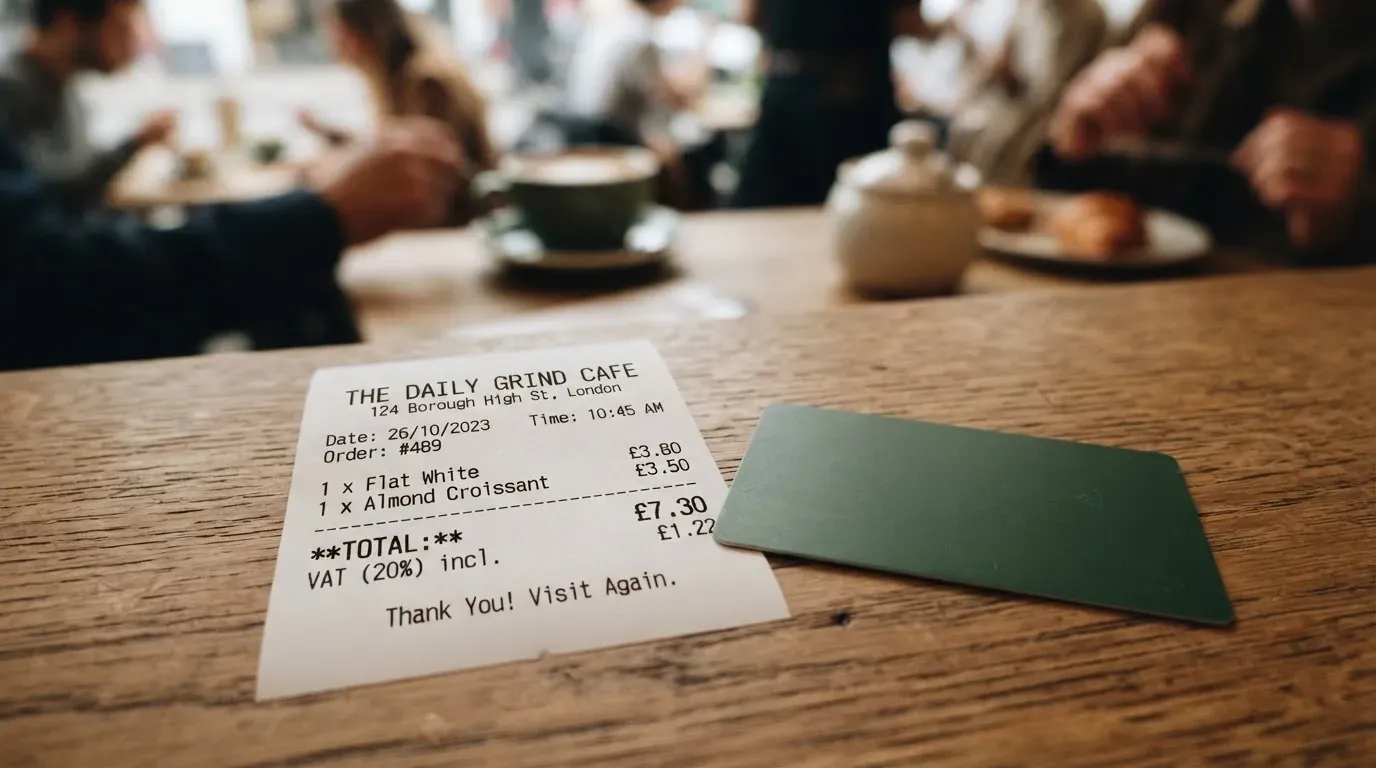 A receipt and a card on a café table