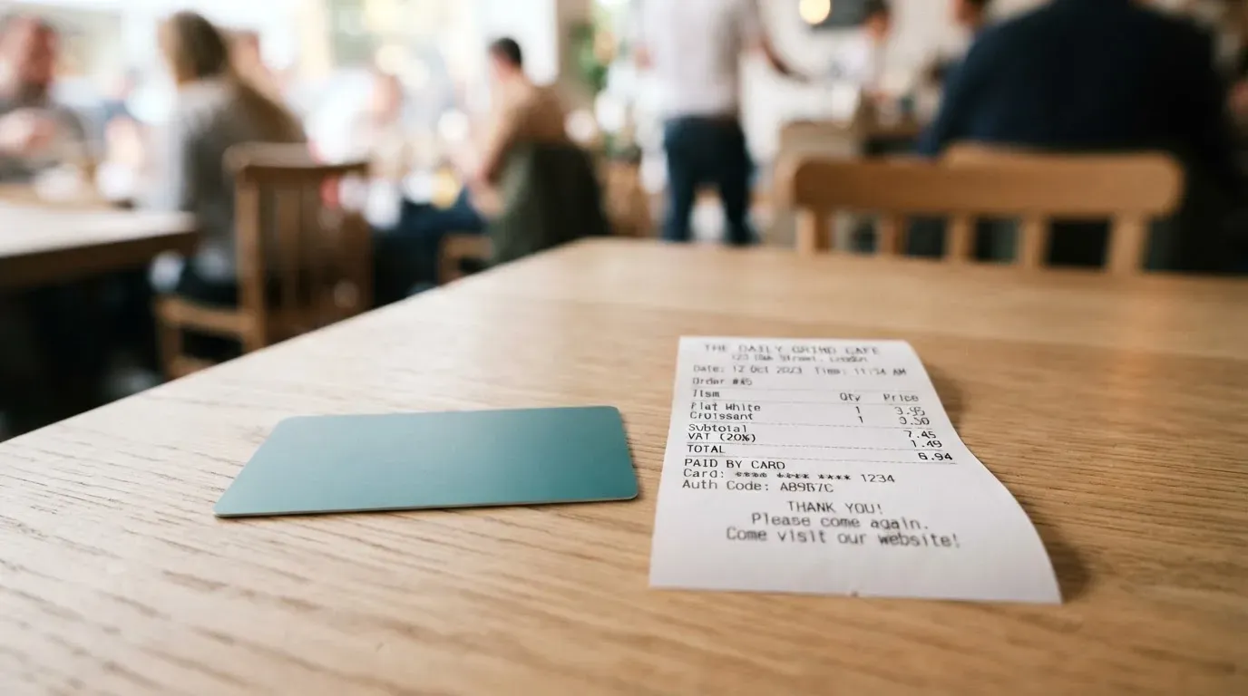 A receipt and a card on a café table
