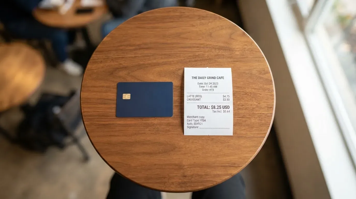 A receipt and a card on a café table