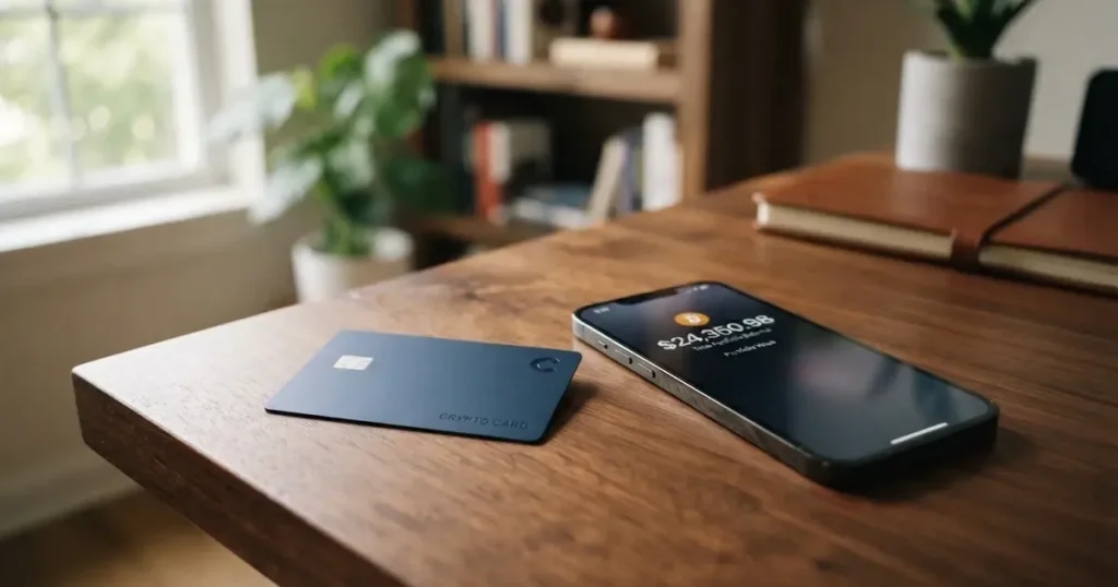 A payment card next to a phone with a crypto wallet app open