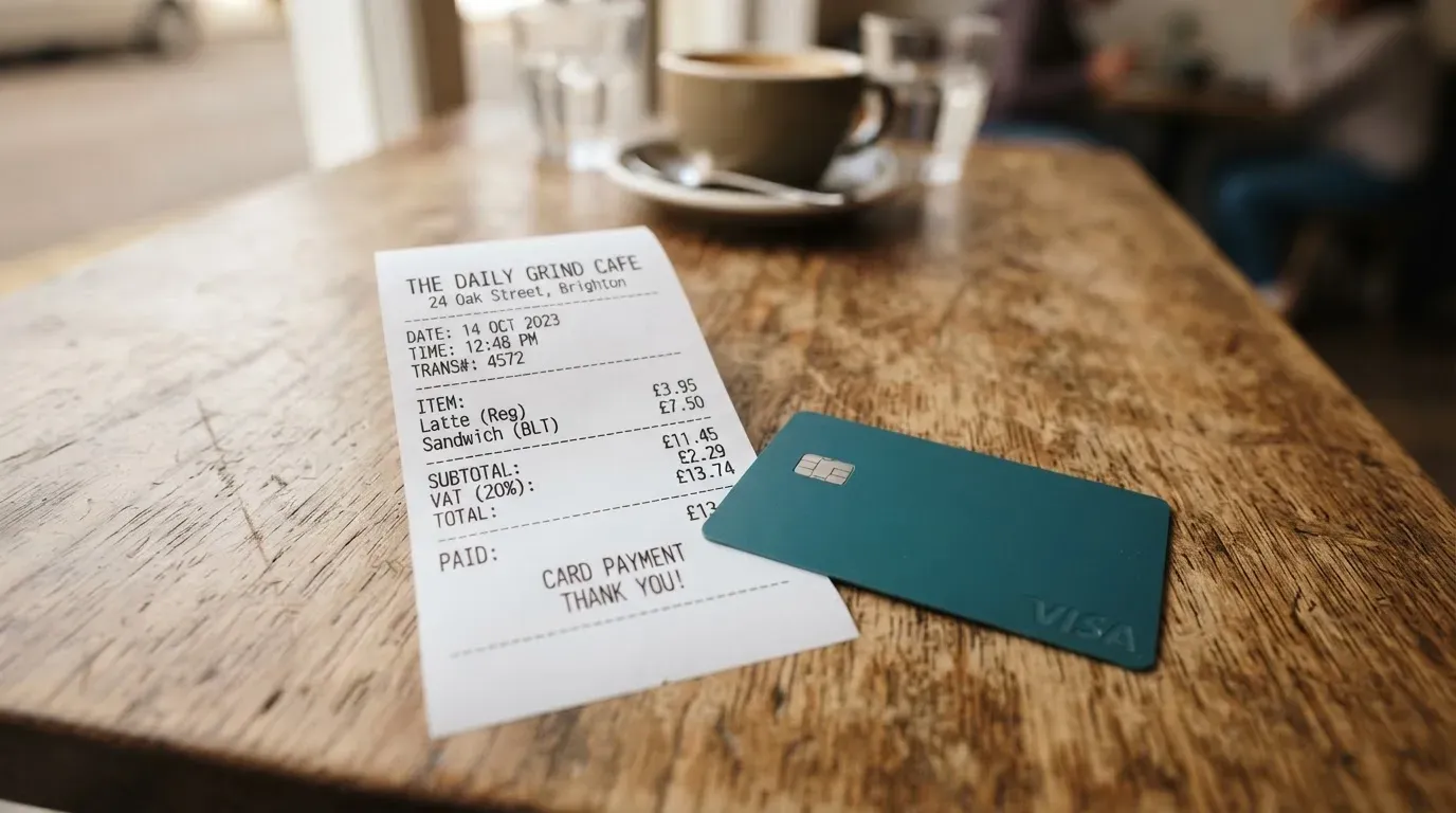 A receipt and a card on a café table