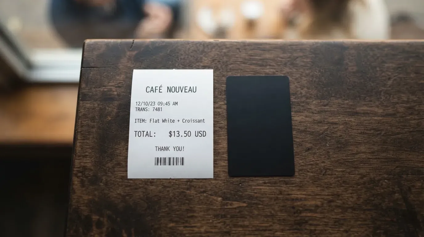 A receipt and a card on a café table