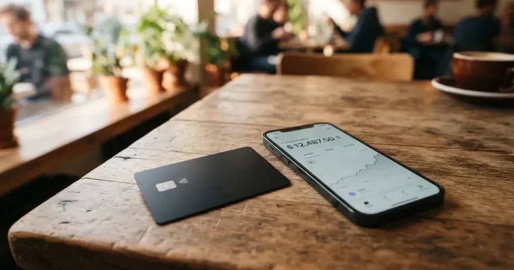 A payment card next to a phone with a crypto wallet app open
