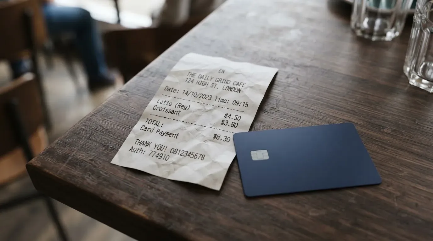 A receipt and a card on a café table