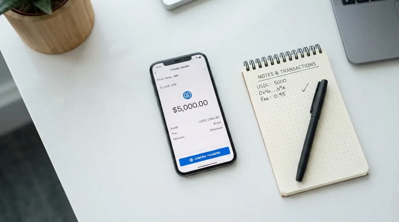 A phone showing a stablecoin transfer screen
