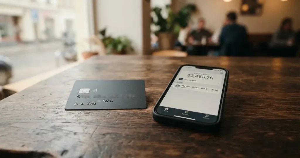 A payment card next to a phone with a crypto wallet app open