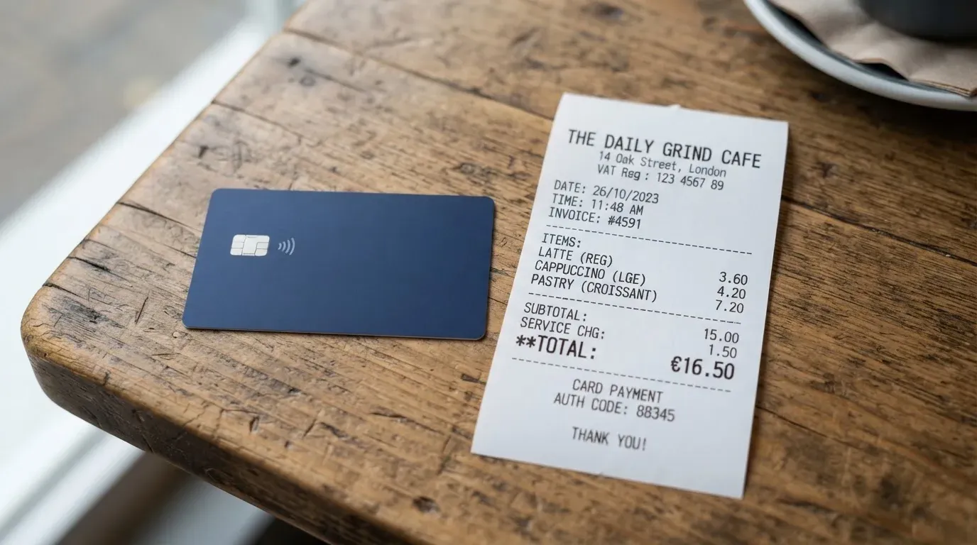 A receipt and a card on a café table