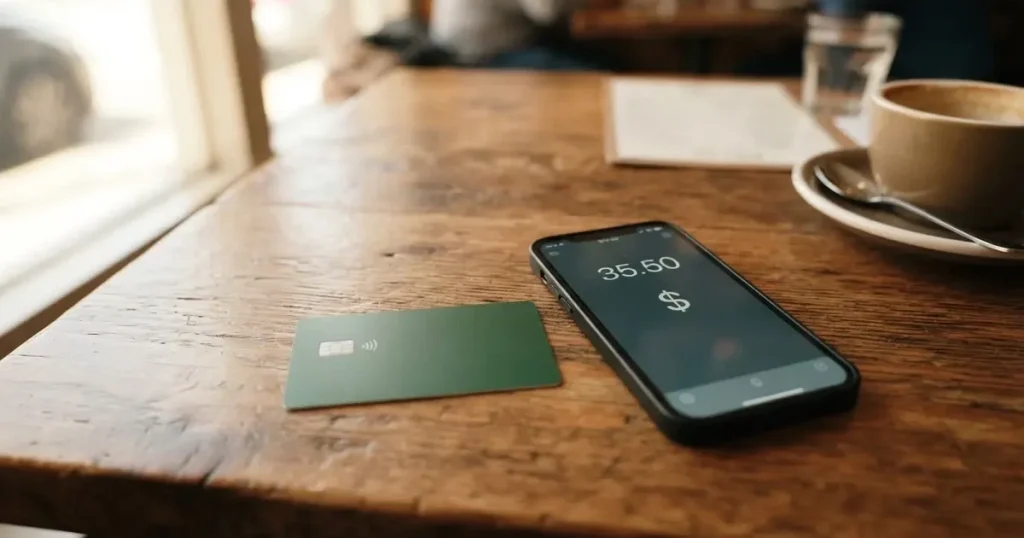 A payment card next to a phone with a crypto wallet app open