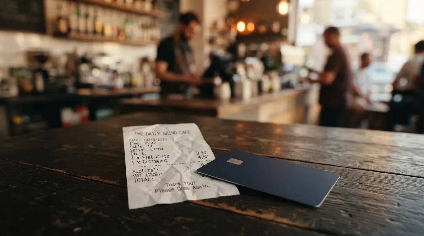A receipt and a card on a café table