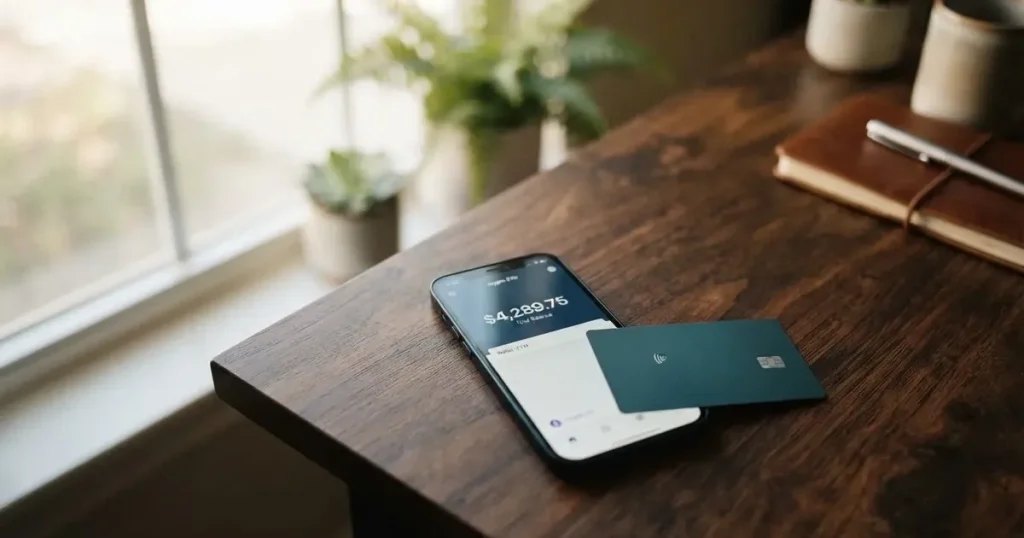 A payment card next to a phone with a crypto wallet app open