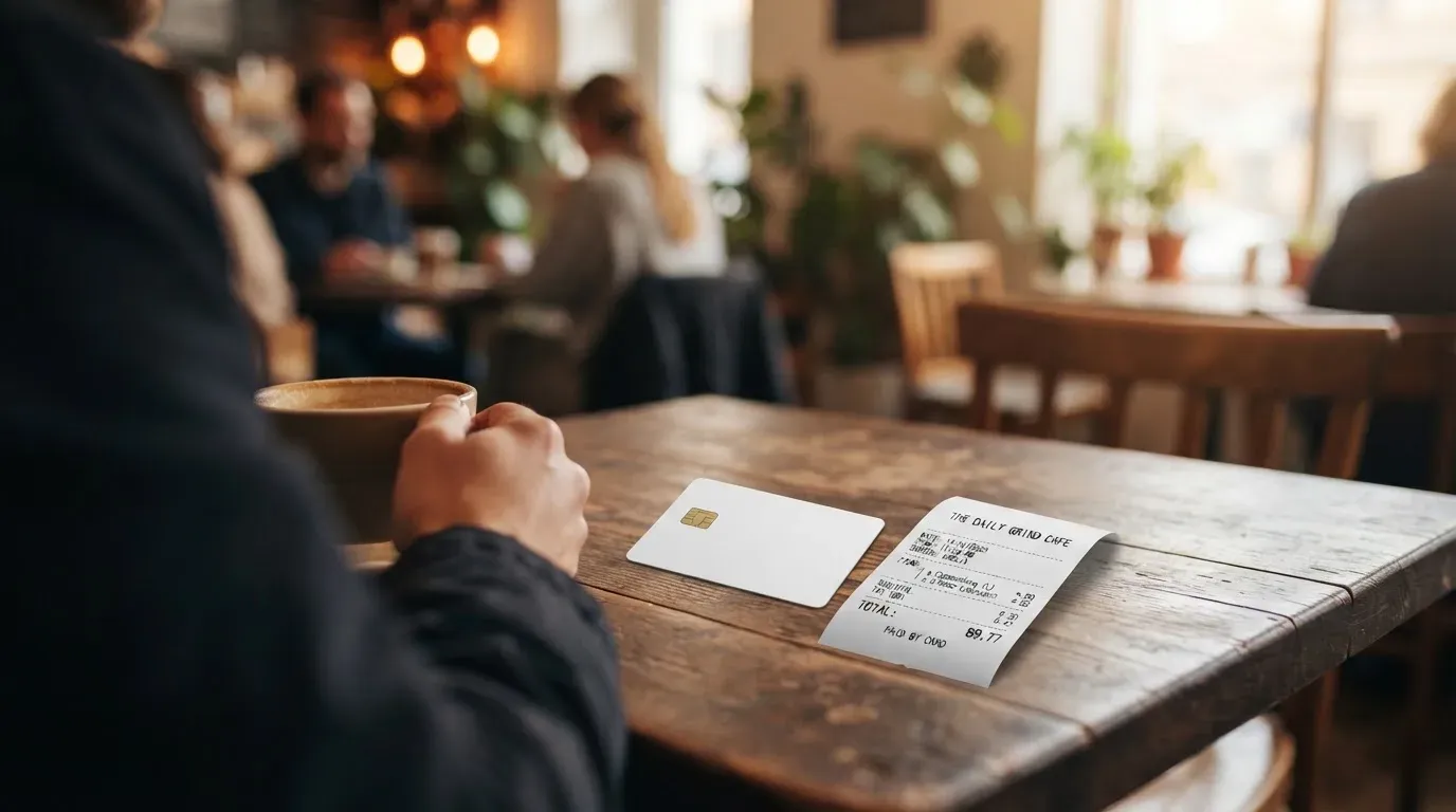 A receipt and a card on a café table