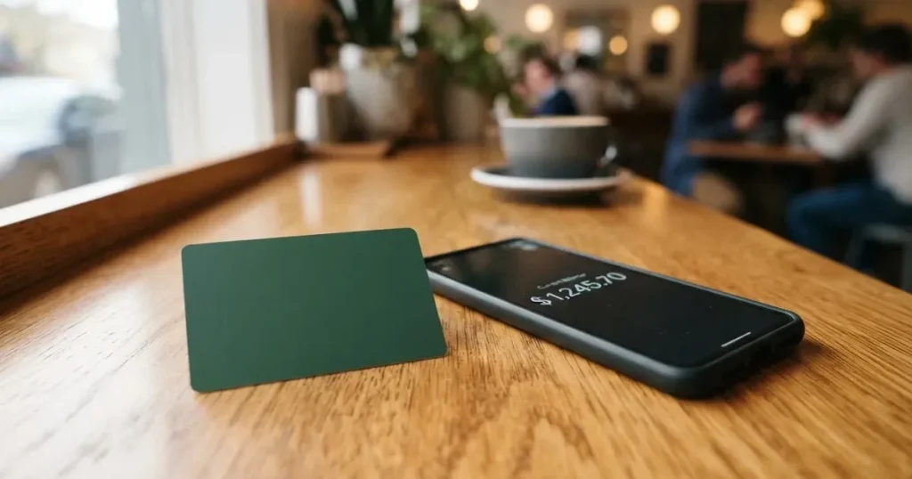 A payment card next to a phone with a crypto wallet app open