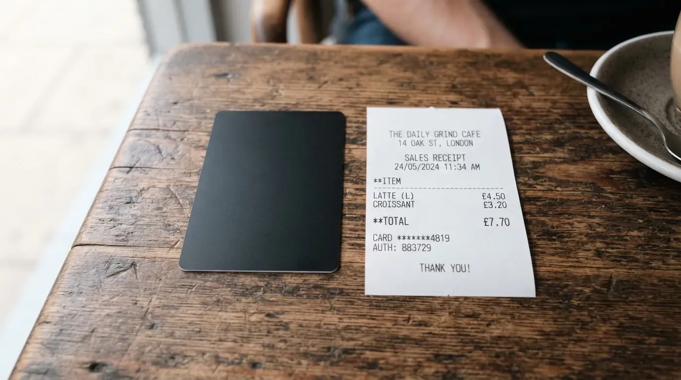 A receipt and a card on a café table