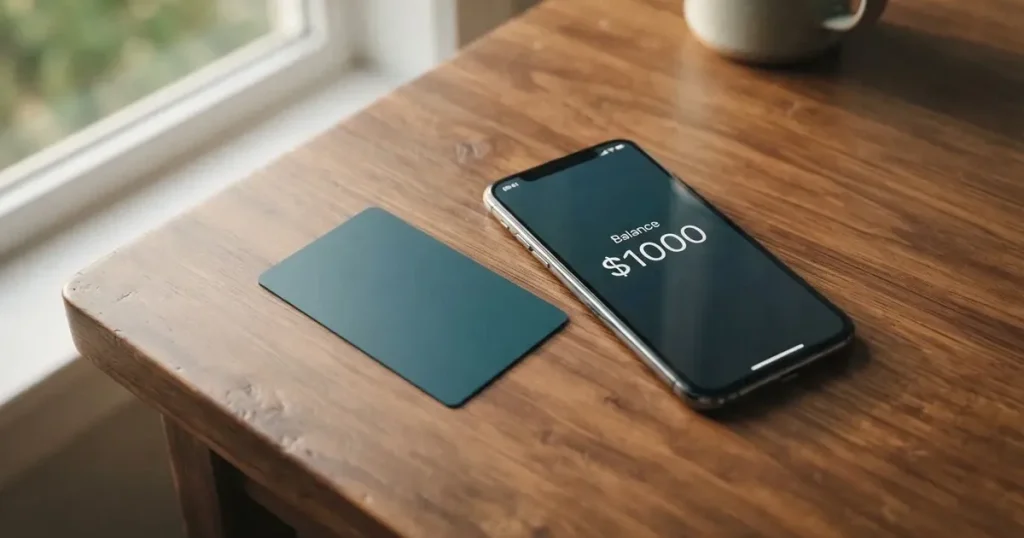 A payment card next to a phone with a crypto wallet app open