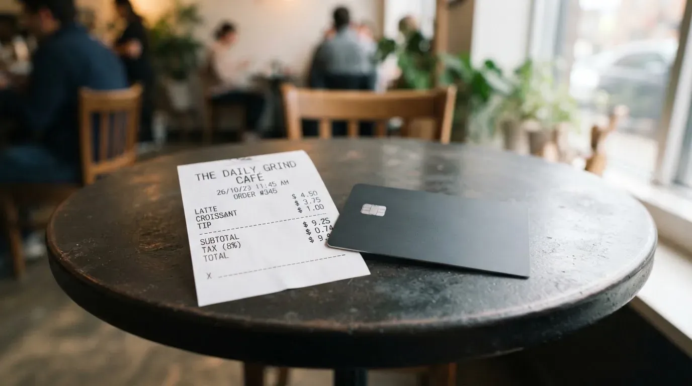 A receipt and a card on a café table