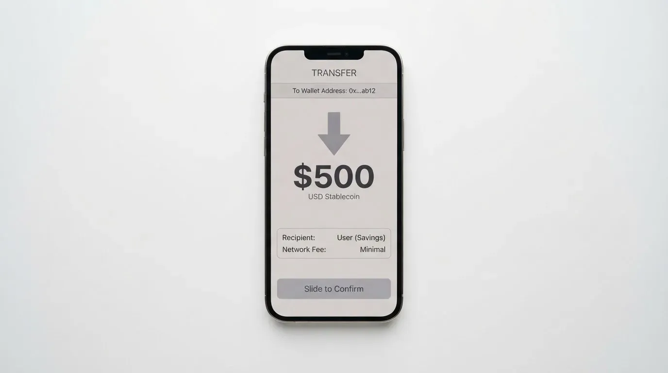 A phone showing a stablecoin transfer screen
