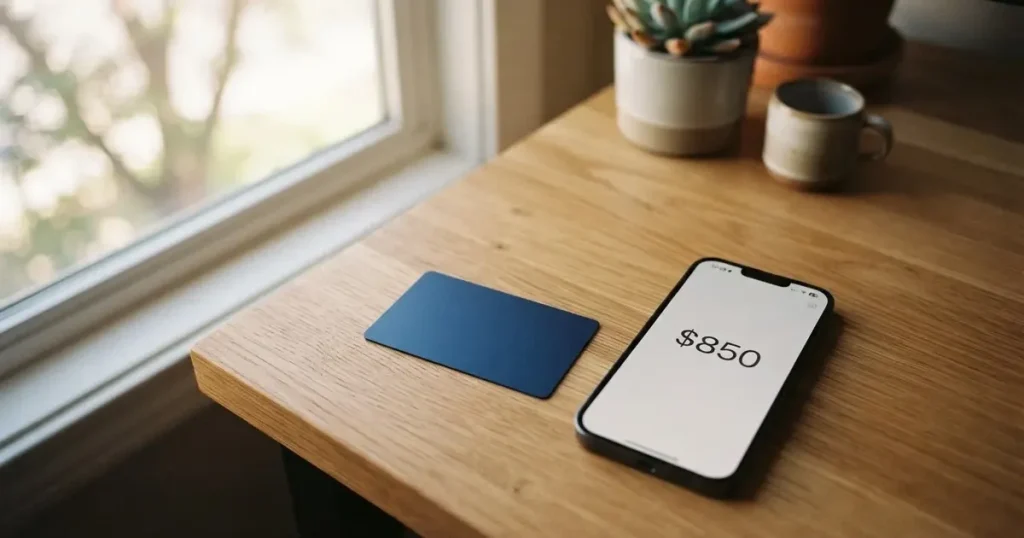A payment card next to a phone with a crypto wallet app open