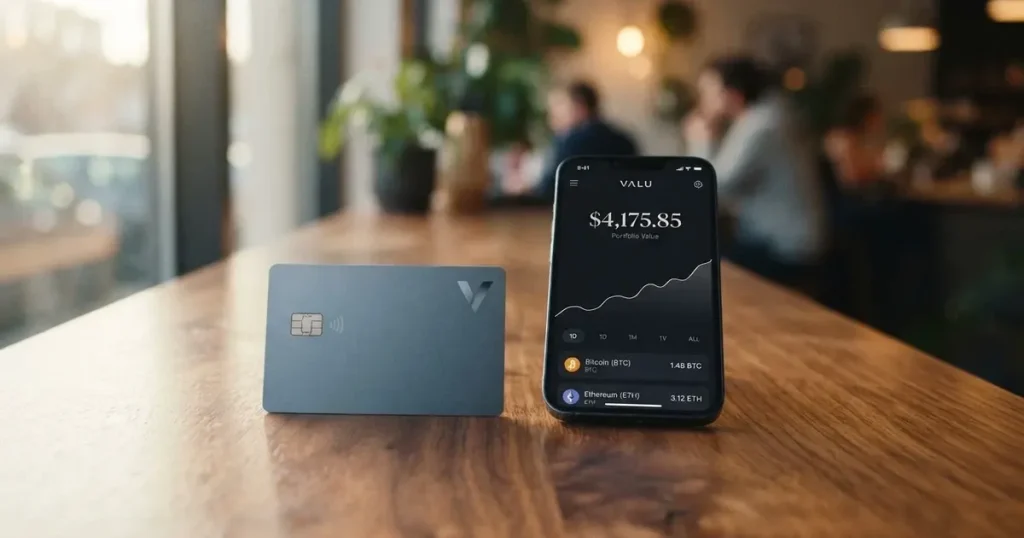 A payment card next to a phone with a crypto wallet app open