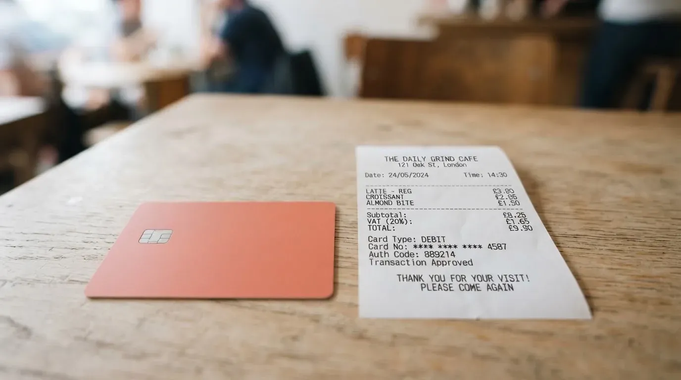 A receipt and a card on a café table