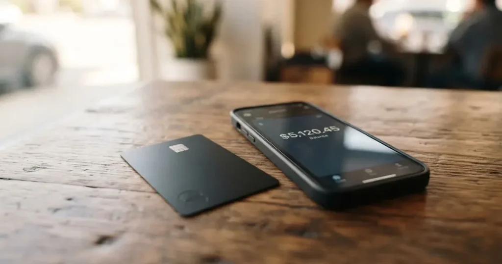 A payment card next to a phone with a crypto wallet app open