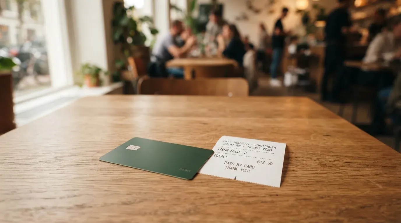 A receipt and a card on a café table