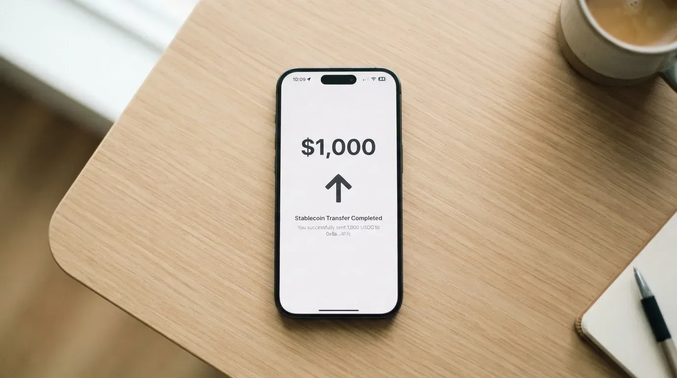 A phone showing a stablecoin transfer screen