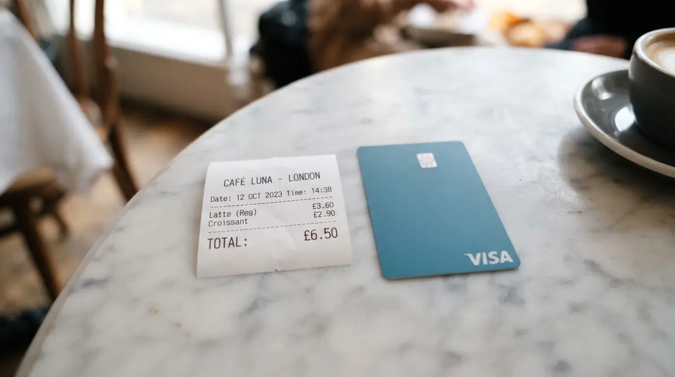 A receipt and a card on a café table