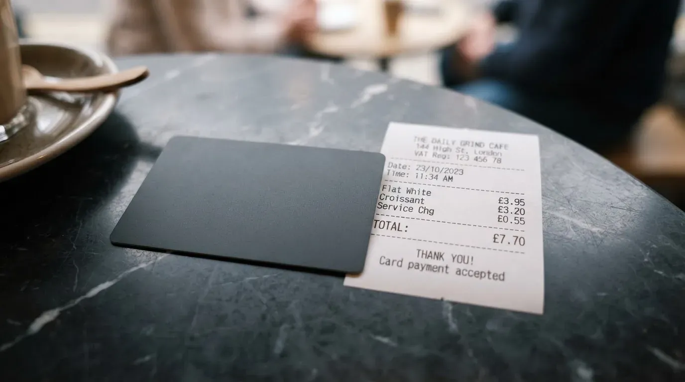 A receipt and a card on a café table