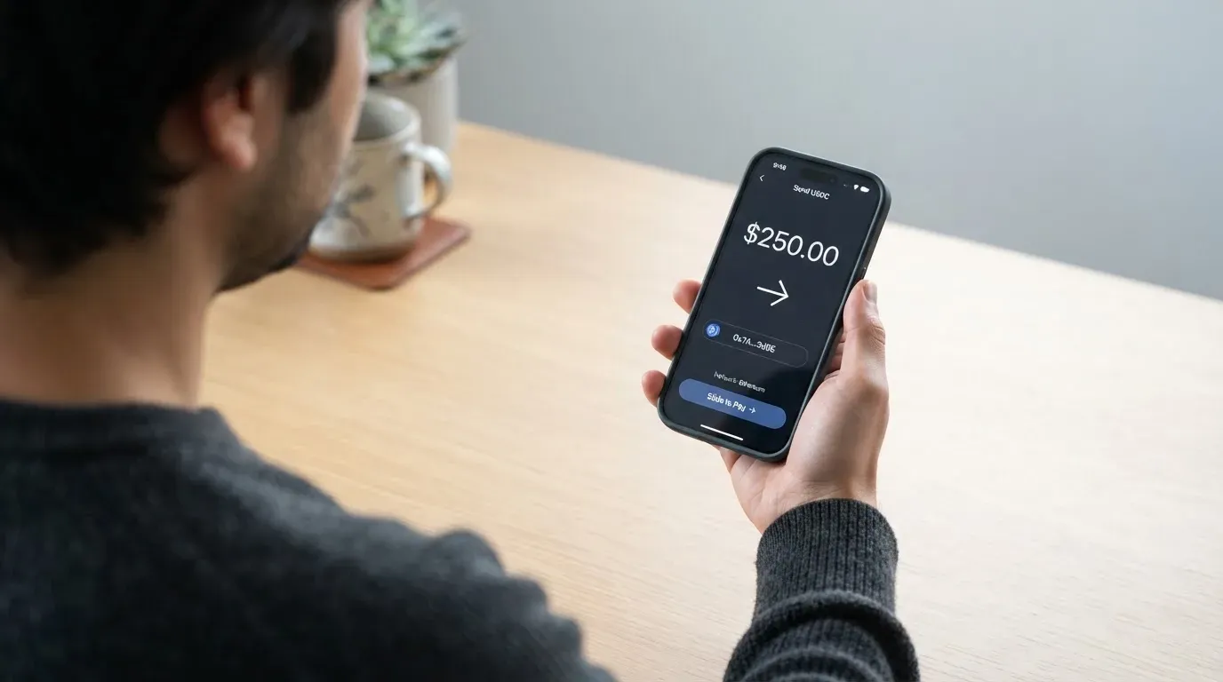 A phone showing a stablecoin transfer screen