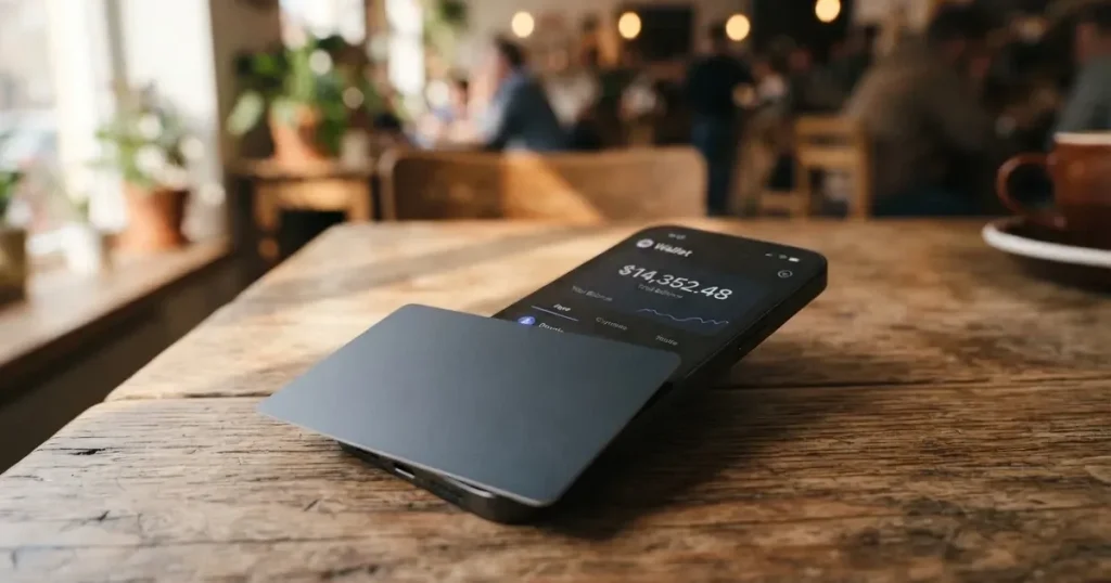 A payment card next to a phone with a crypto wallet app open