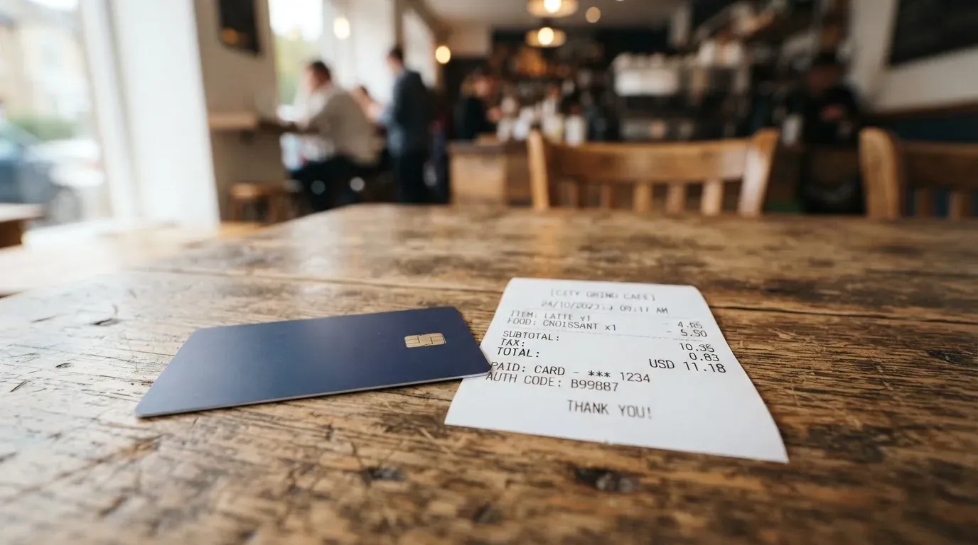 A receipt and a card on a café table