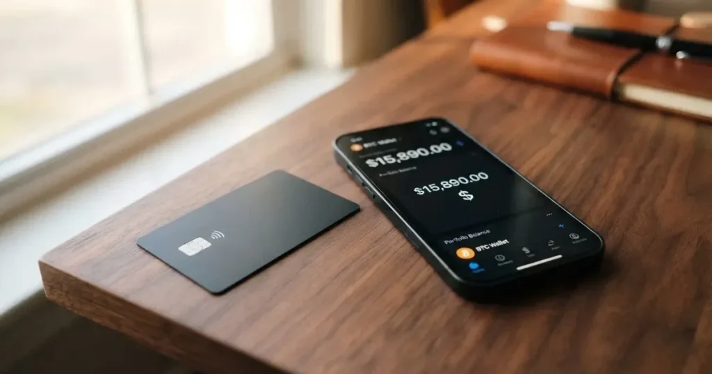 A payment card next to a phone with a crypto wallet app open