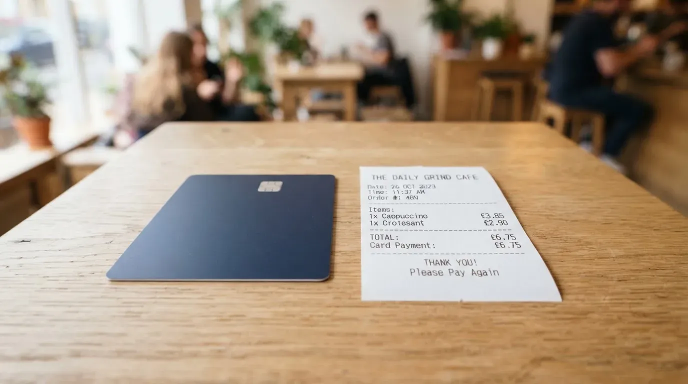 A receipt and a card on a café table