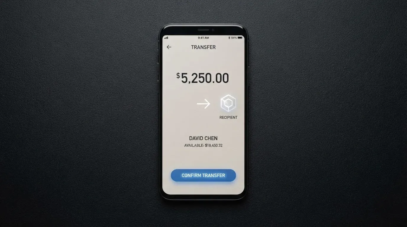 A phone showing a stablecoin transfer screen