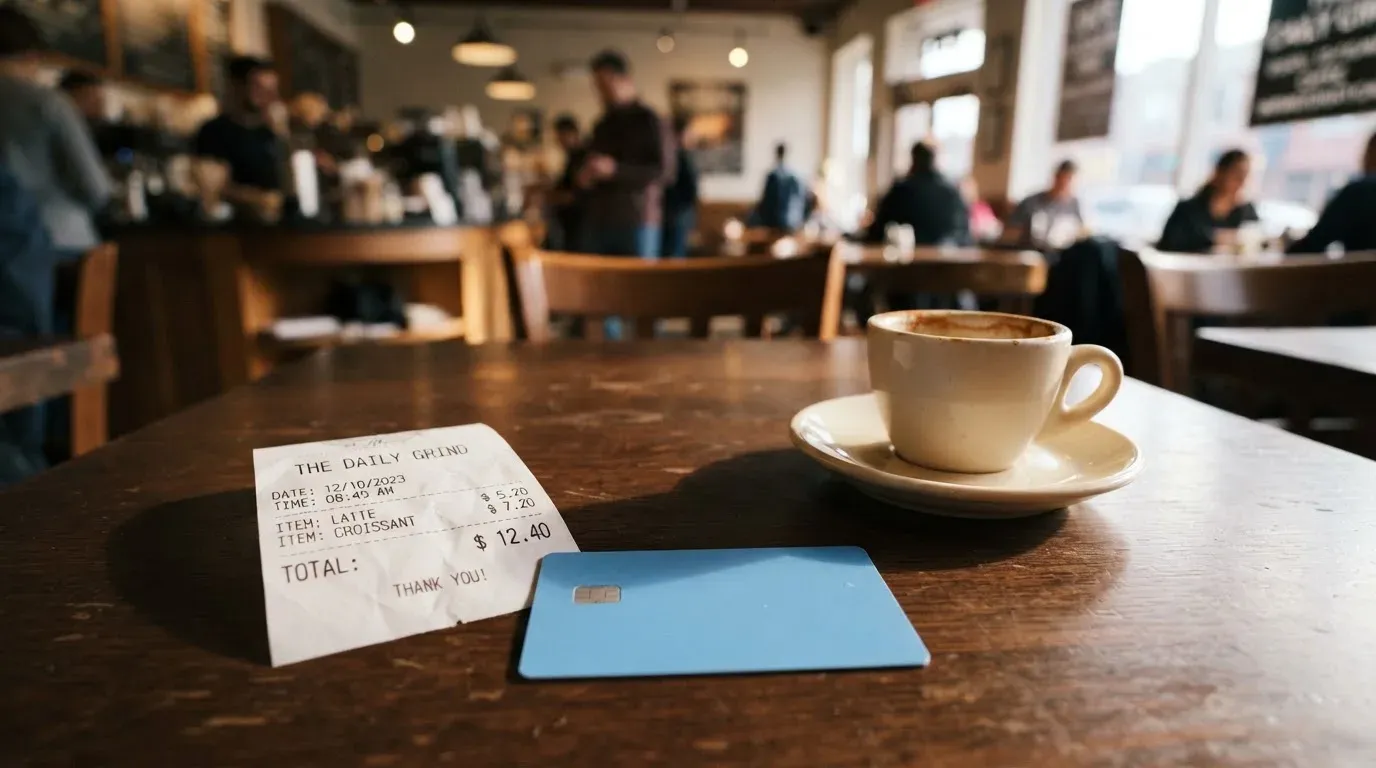A receipt and a card on a café table