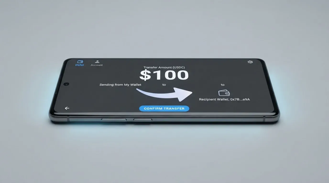 A phone showing a stablecoin transfer screen