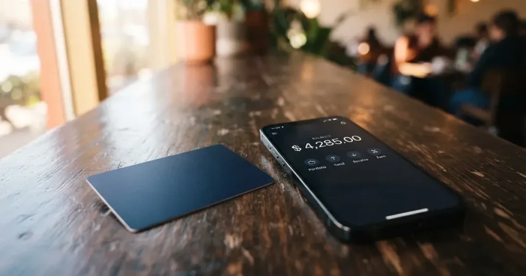 A payment card next to a phone with a crypto wallet app open