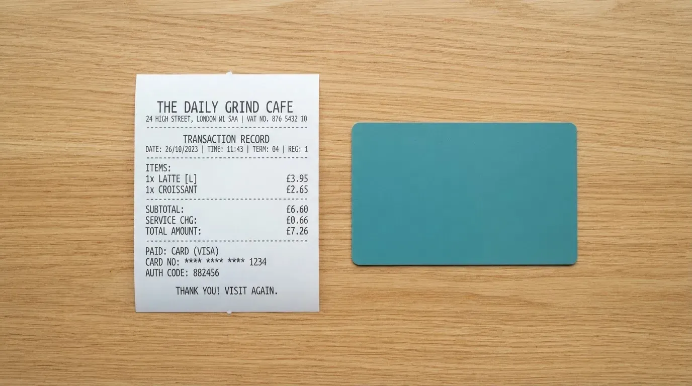 A receipt and a card on a café table