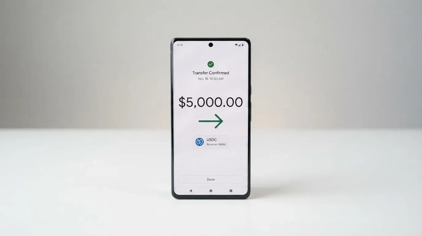 A phone showing a stablecoin transfer screen