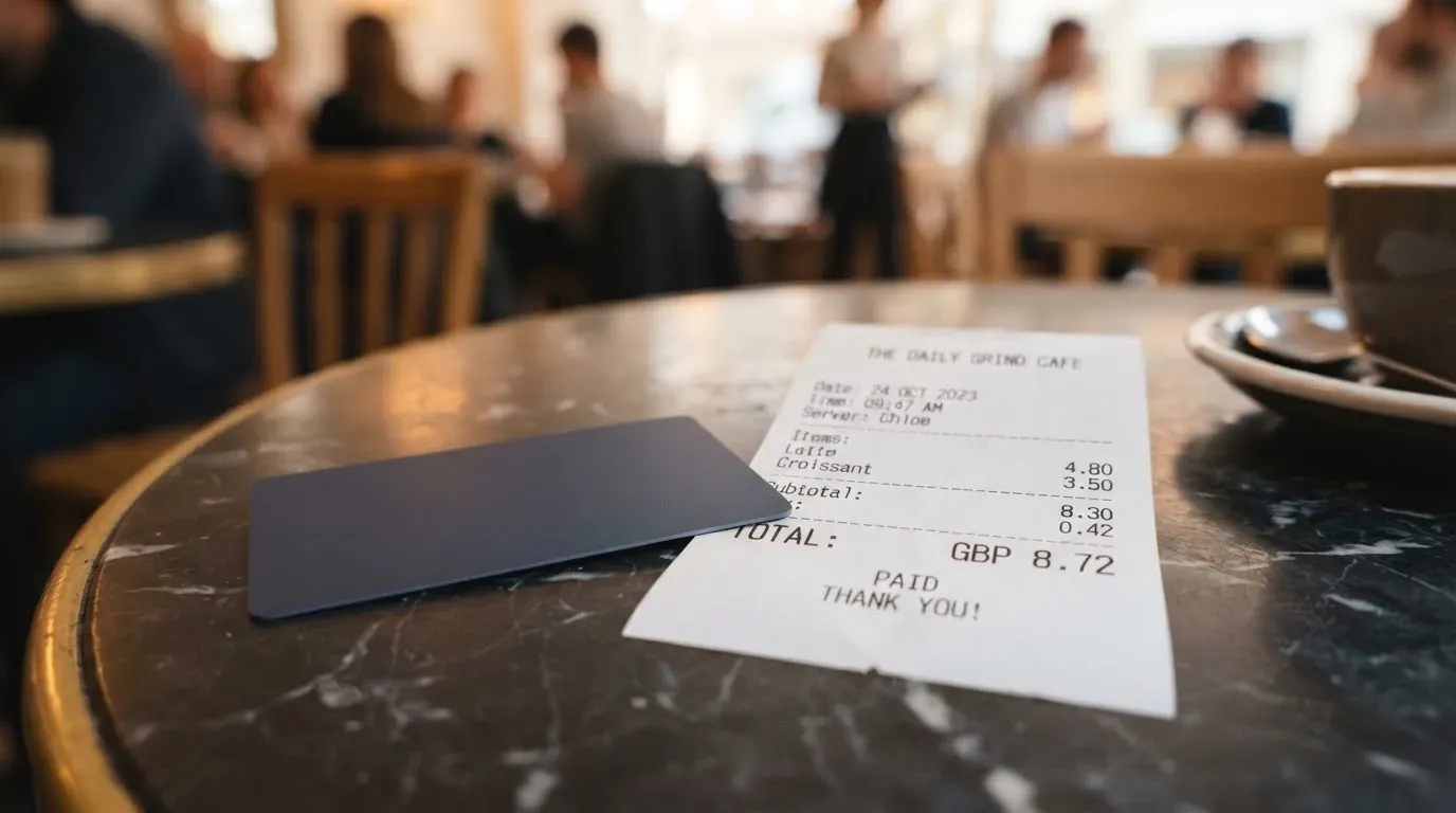 A receipt and a card on a café table